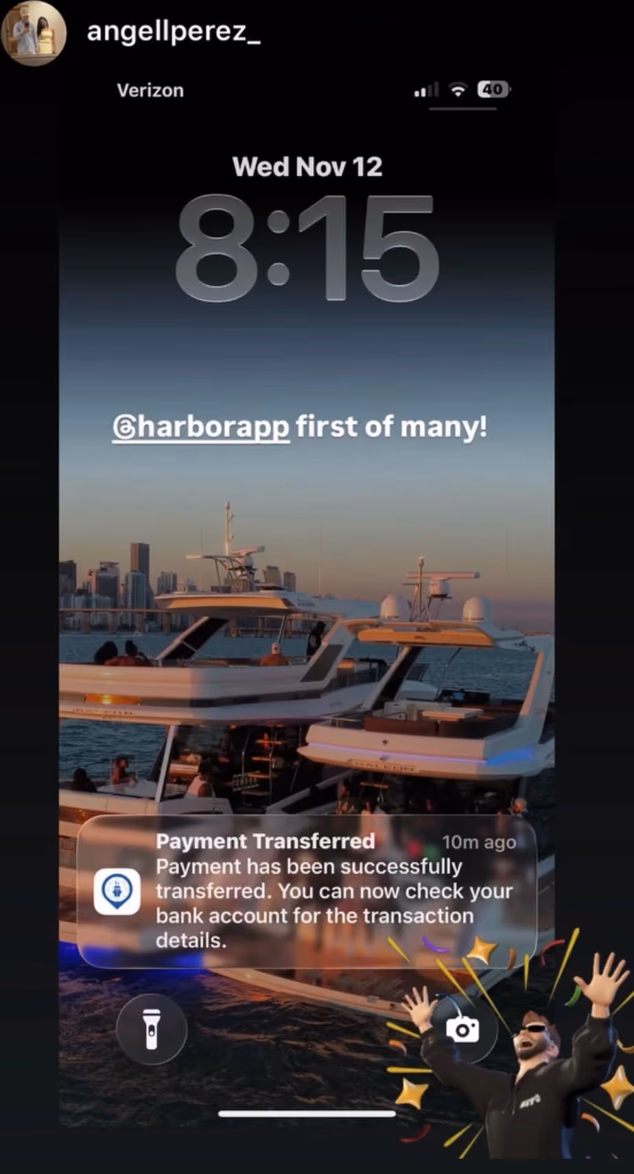 A phone showing a Harbor payment transfer confirmation
